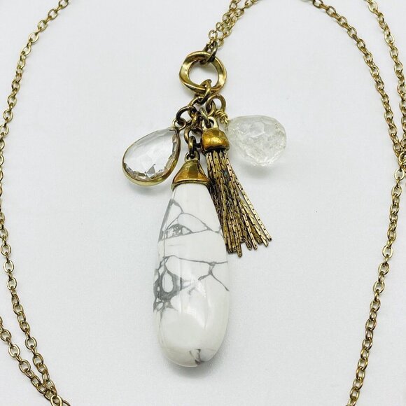 LOFT Marbled Charm Necklace Gold Tone Faceted Bead Tassel Classic Career Work - Picture 3 of 7